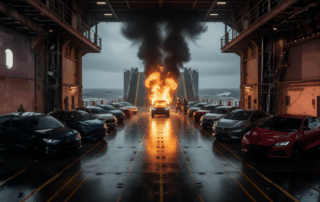 A burning electric vehicle on the deck of a roll-on roll-off ferry, surrounded by rows of parked cars, with firefighters responding and thick black smoke rising above the vessel in rough sea conditions.