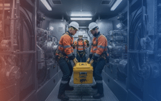 Wind turbine technicians performing safe team lifting inside a turbine nacelle during GWO manual handling training