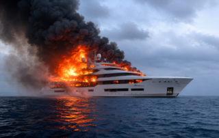 Lithium-ion battery fire showing thermal runaway and smoke generation on superyacht at sea, demonstration for battery fire awareness training for maritime sector
