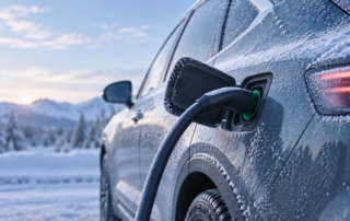 Battery Fire Awareness Lithium Ion Charging In Cold Winter Conditions Stream Marine EV Car Covered in frost